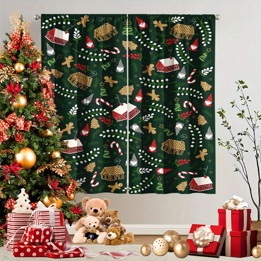 2PCS Christmas Winter Curtains, Green Gingerbread House Gnome Candy Cane Tree, Digital Print, Bedroom Living Room, Home Decor