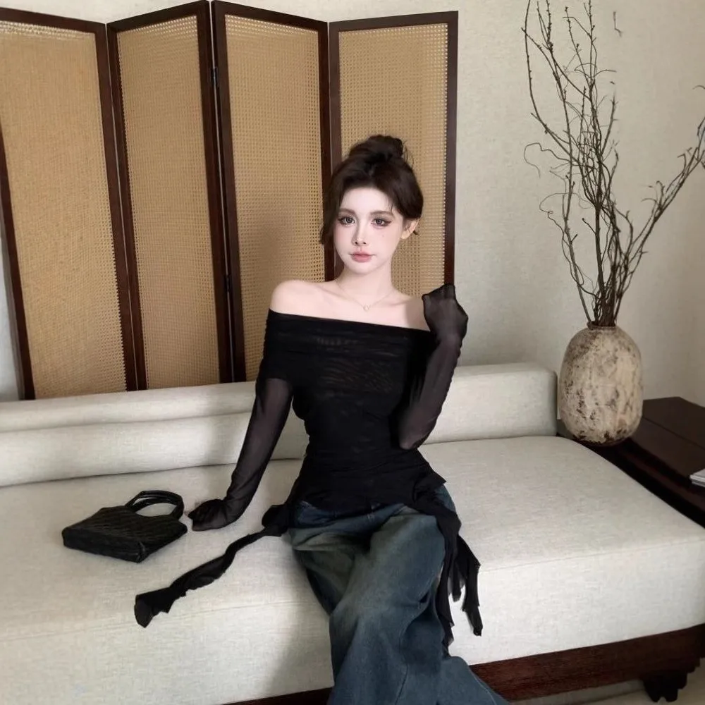 ストリートウェア クラゲ メッシュ ベルト Tシャツ 韓国 Y2K インス オフショルダー カラー スリムフィット クロップトップス イレギュラー エルフ 長袖