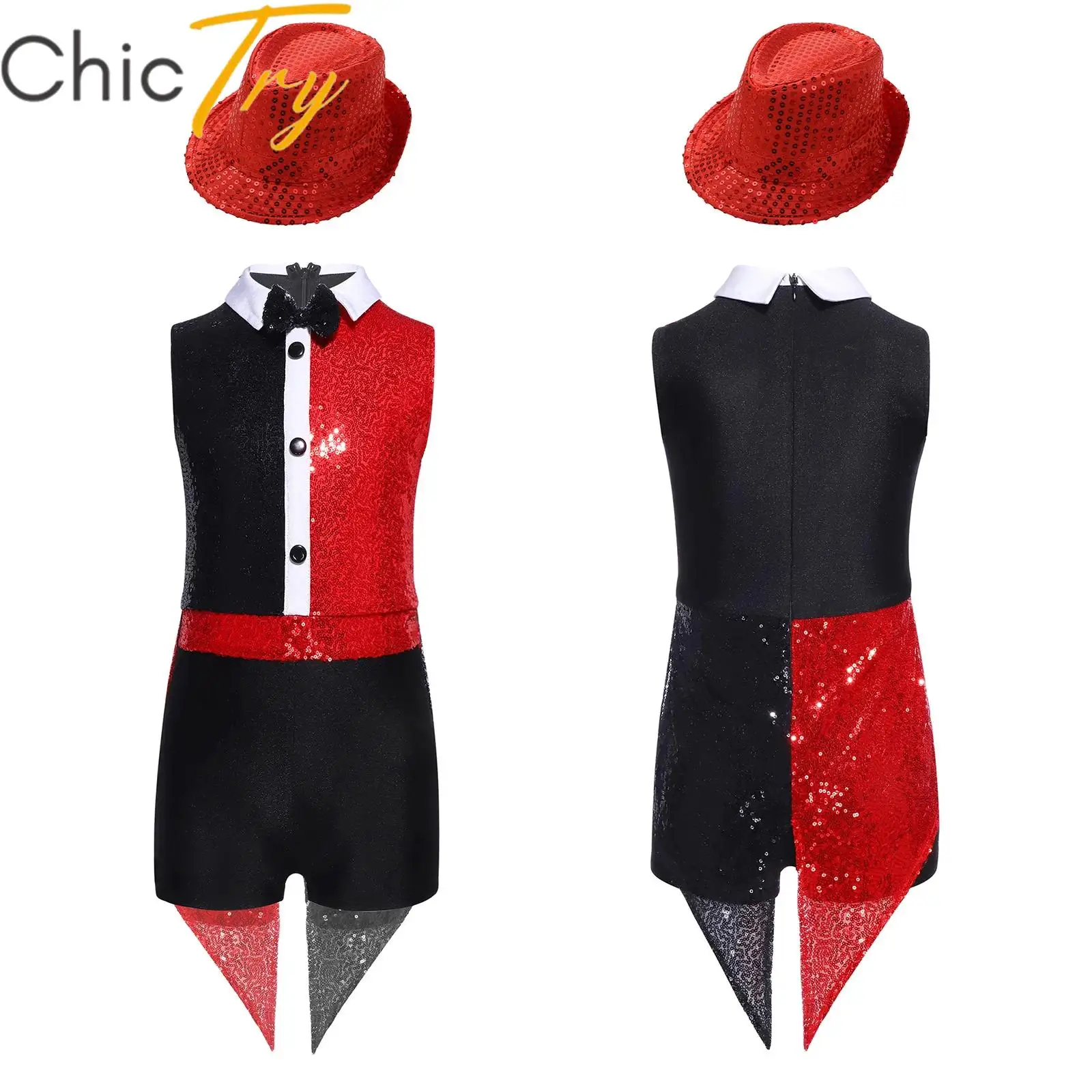 

Детский карнавальный костюм циркового фокусника для девочек, 2 шт., костюм на Хэллоуин с блестками, цветной галстук-бабочка на пуговицах, комбинезон с украшением сзади и шляпой