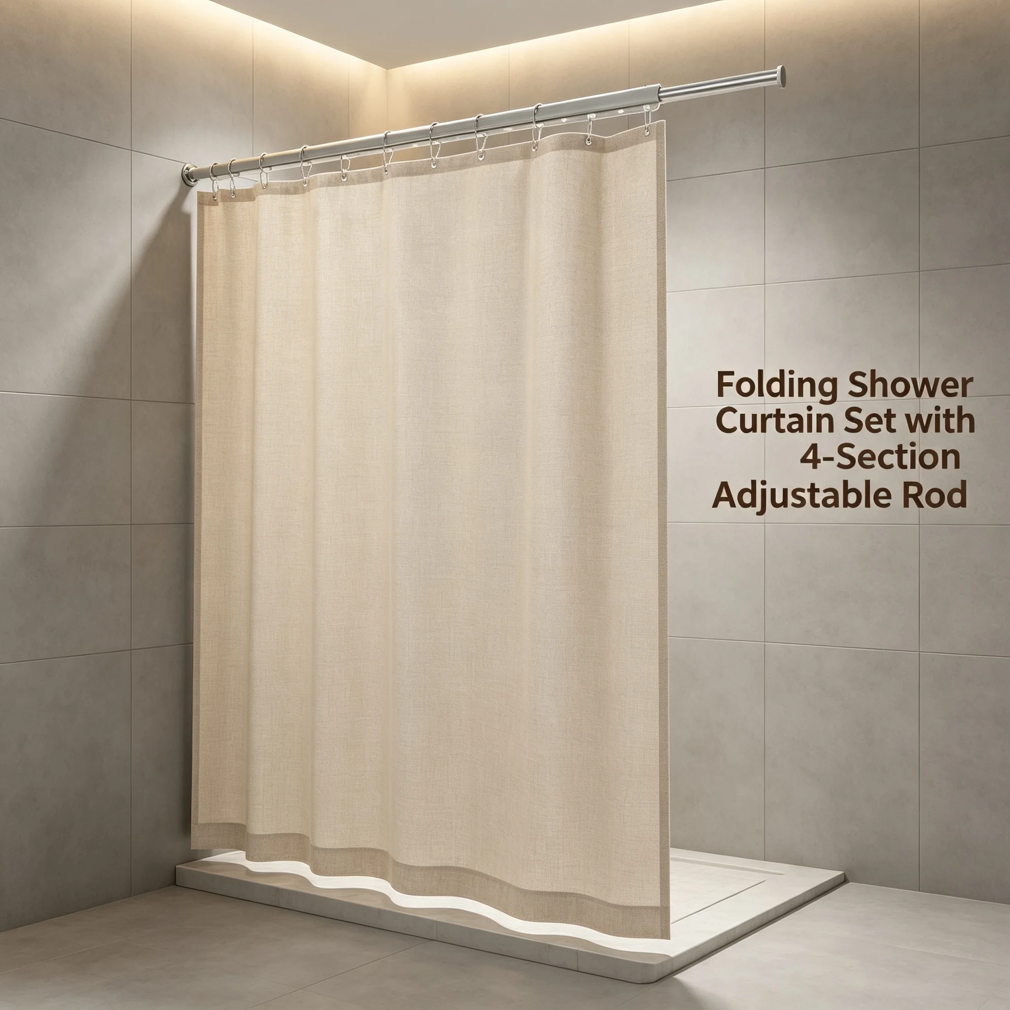 Folding Shower Curtain Set with 4-Section Adjustable Rod, Wall Mounted Dry-Wet Separation Bathroom Curtain, Drill-Free Installation, 110 lbs Capacity, Beige