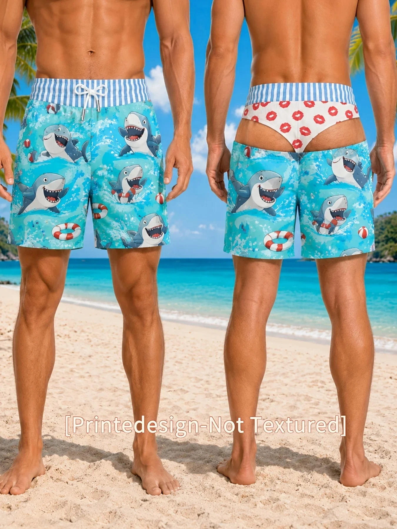 Summer Novelty Prank Swim Shorts Above Knee Cute Shark Wave Coral Graphic 3D Print Boardshorts for Beach Party