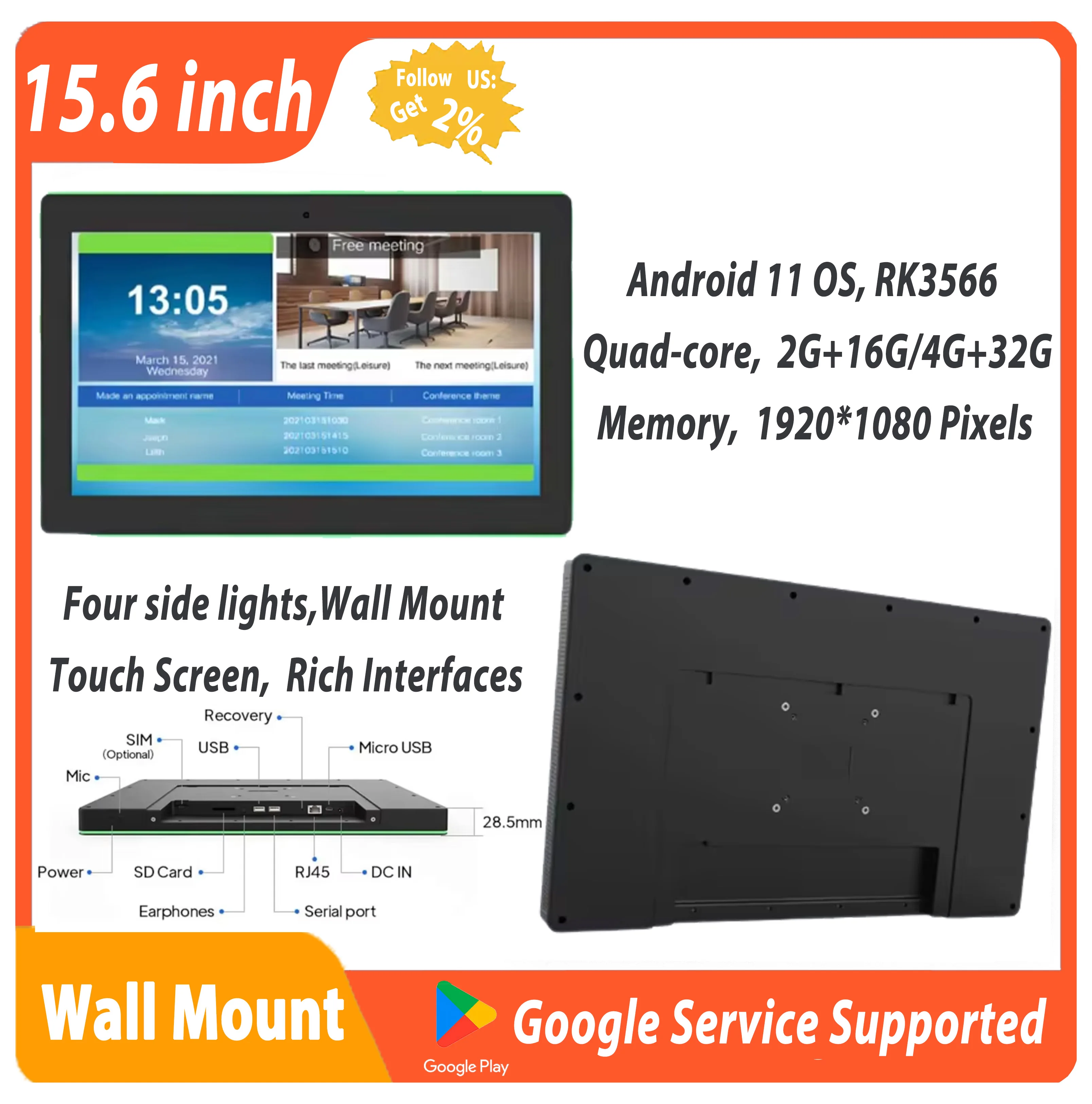 Wall Hanging 15.6 Inch Android Access Control Tablet With LED Light Bar 2K Touch Screen Meeting Book System POE NFC RFID Reader