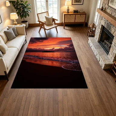Fiery Orange Cloud Beach Sunset Seascape Carpet Flooring, Dramatic Ocean View Non-Slip Area Rug for Living Room Bedroom Home Decor