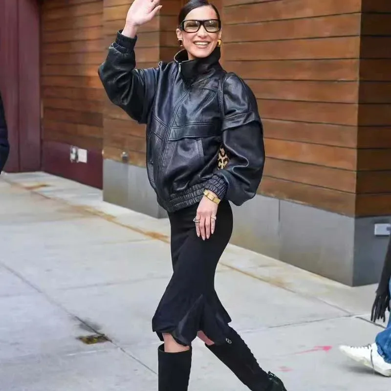 Women's Dark Brown Genuine Leather Bomber Jacket Real Lambskin Coat with Pockets Elastic Hem Clear Texture Casual Streetwear