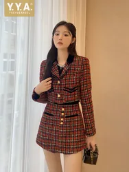 Sweet Women Spring Red Plaid Tweed Jacket Mini Skirt Two Piece Set Single Breasted Elegant Ladies Slim Fit Outfits Matching Sets