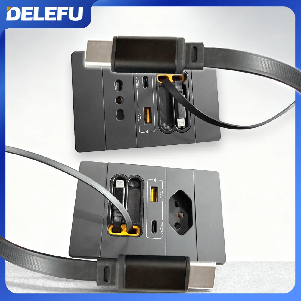 DELEFU Dual Charging Cable Brazil Italy Chile Socket Outlet Wall USB TypeC 20W Fast Ports Mobile Phone Gray Black White