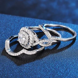 Huitan Trends 3Pcs Set Wedding Rings for Women Full Bling Iced Out Cubic Zirconia Crystal Rings Engage Fashion Luxury Jewelry