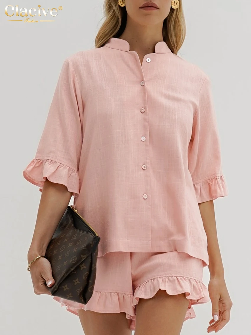 

Clacive Summer Loose Pink Cotton 2 Piece Sets Women Outfit 2024 Elegant Half Sleeve Shirt With High Waist Ruffle Shorts Set