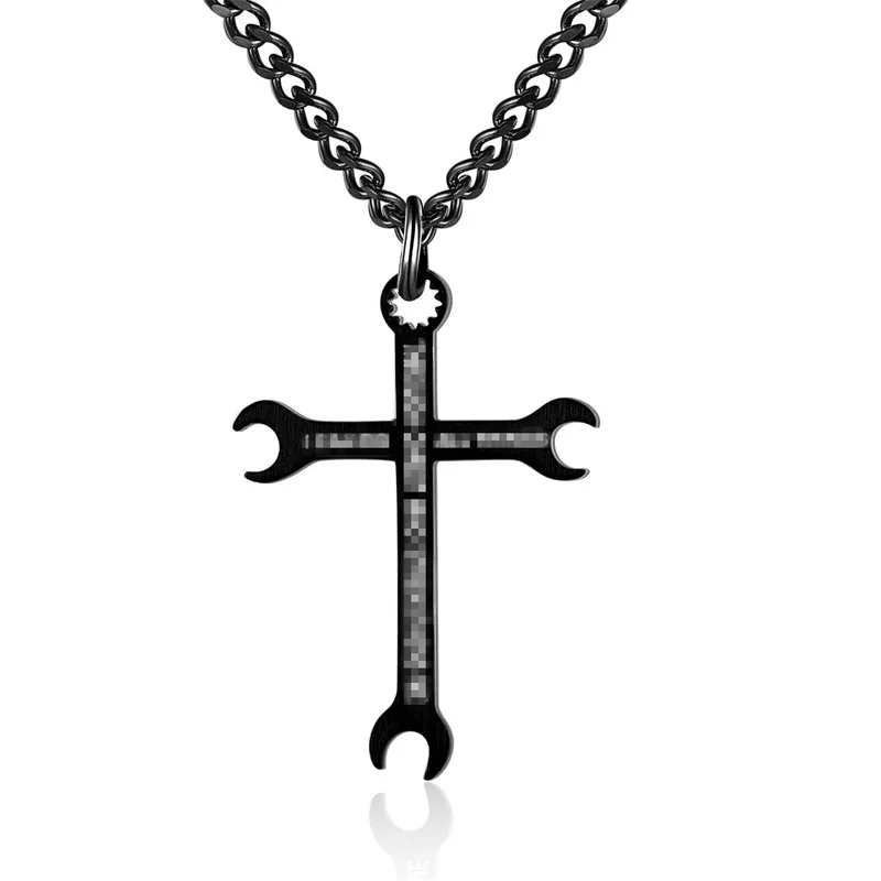 Stainless Steel Wrench Shaped Pendant Necklace for Men Industrial Style Fashion Jewelry with Engraved English Lettering Trendy