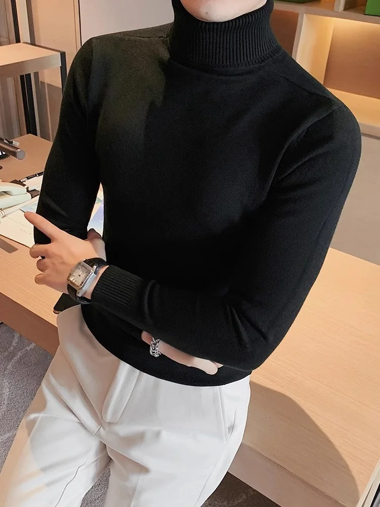 

Мужской вязаный свитер с высоким воротником, длинными рукавами, приталенный, с отложным воротником, однотонный, зимний, модный, из полиэфирного волокна