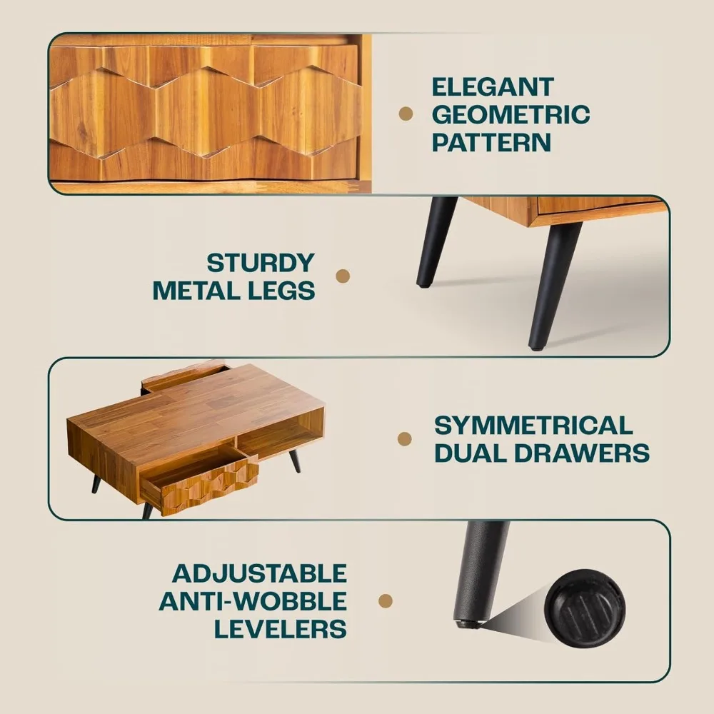 Mesas de centro de madera maciza para sala de estar, mesa de centro moderna de mediados de siglo con 2 cajones de almacenamiento simétricos y detalles geométricos