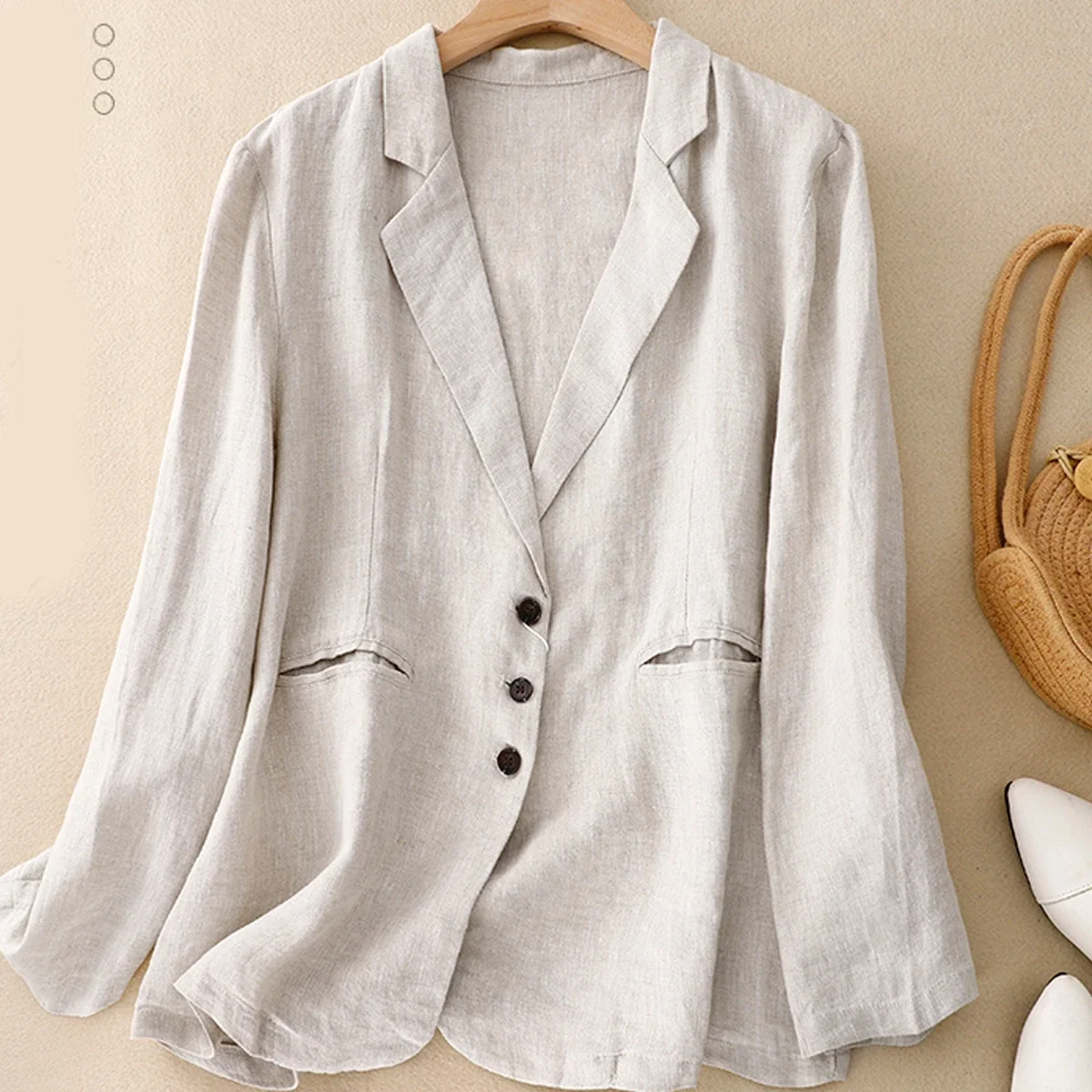 Cotton Linen Solid Color Long-sleeved Suit Jacket Female Autumn New Version of Retro Loose Temperament Casual Blouse Card B176