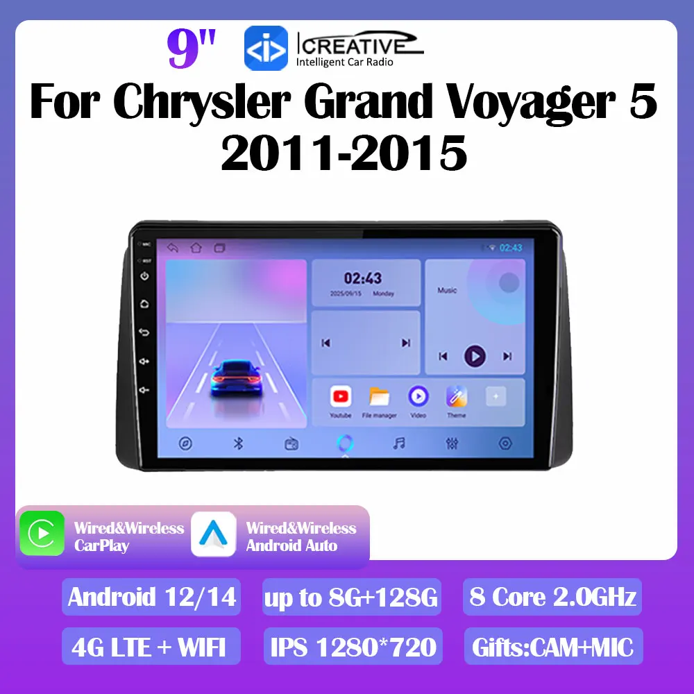 Android 14 Car Radio For Chrysler Grand Voyager 5 2011-2015 Stereo Multimedia Video Player Navi GPS CarPlay Autoradio Auto DSP