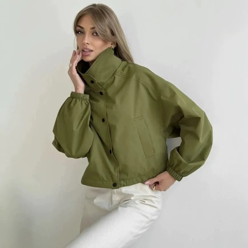 Lightweight Long Sleeve Coat Regular Fit Commuter Style with Wrinkle Finish Stand Collar Short Length Summer Women Jacket