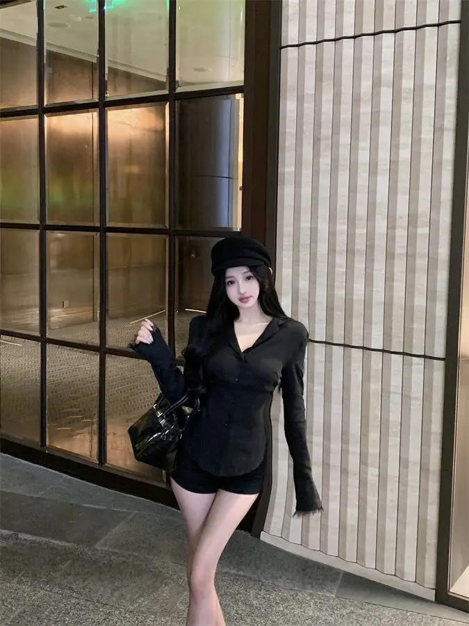 Backless Lace Youthful Fashion Black Long Sleeve Shirt Women V Neck Patchwork Elegant Basic Blouse Lady Office Casual White Top