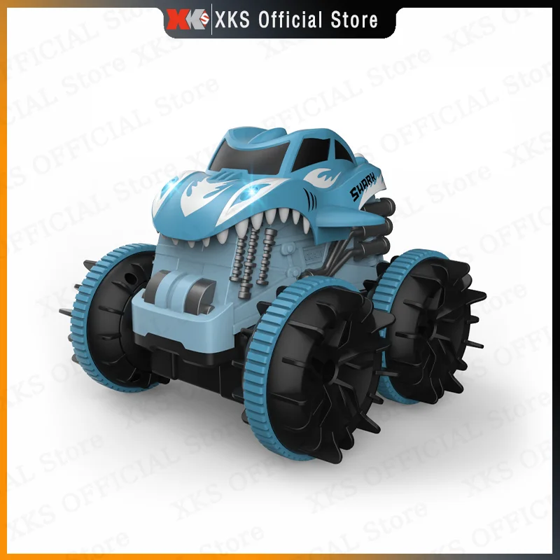 Samochód kaskaderski zdalnie sterowany 2.4G amfibia Stunt RC samochód 4X4 Off Road 360 ° dinozaur Shark wodoodporny Spray dym dzieci zabawki elektryczne dla chłopca