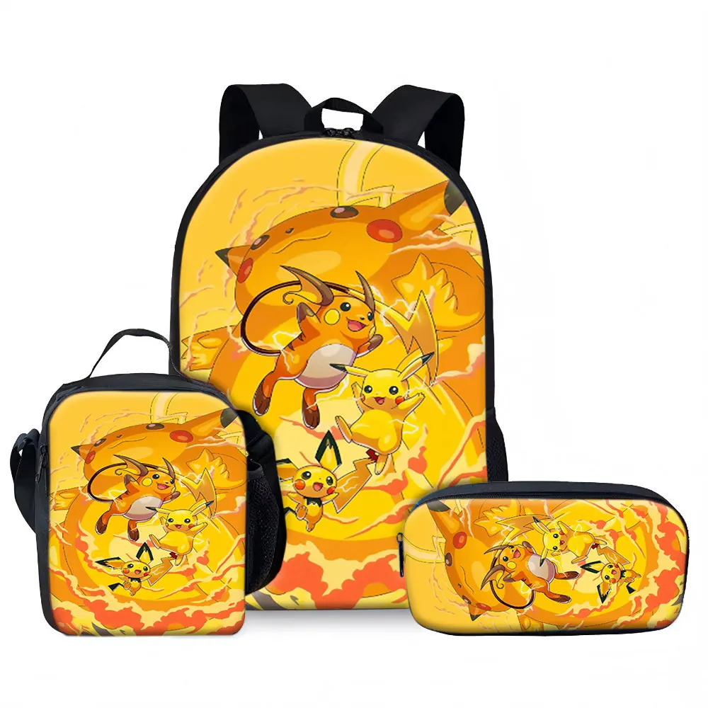 Kids Bag, Pokemon Anime, 3pcs Backpack Set Classic Monsters Pikachu Raichu Pichu​ Cute Colorful Print Waterproof Student Scho
