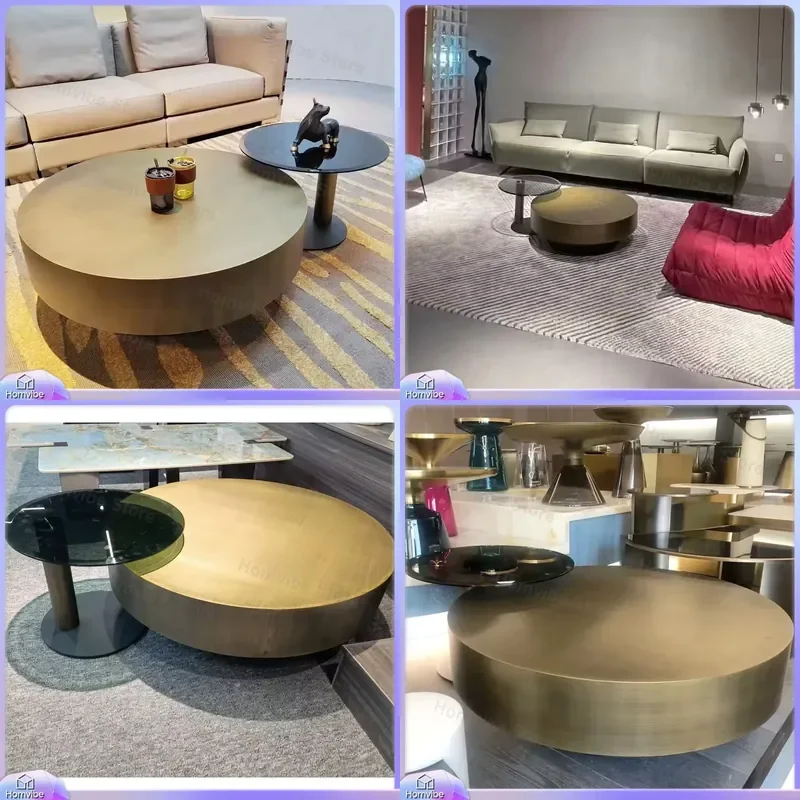 Luxury Modular Coffee Table with Tempered Glass Top Antique Brass Metal Frame Copper Color Living Room Side Table Modern