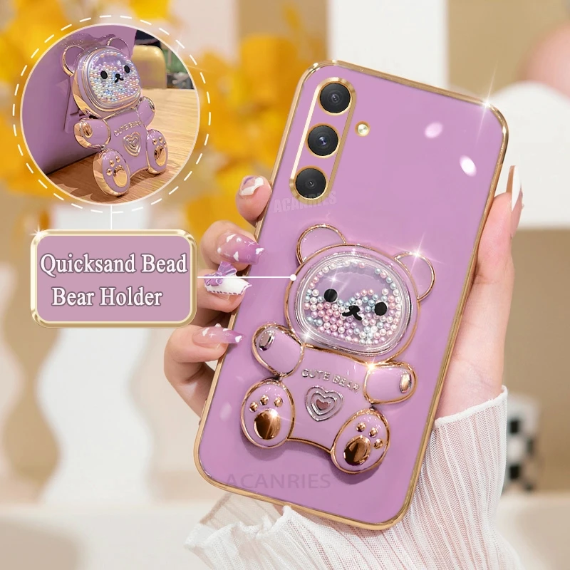 A 15 25 35 55 Cute Plating Quicksand Bear Holder Case For Samsung Galaxy A15 A25 A35 A55 A14 A24 A34 A54 5g Silicone Stand Cover