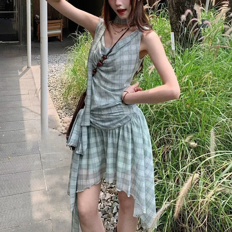 

Fashionable Irregular Mini Dress Female Clothing Plaid Summer New Swinging Collar Drawstring Hotsweet Sleeveless Vintage Dresses
