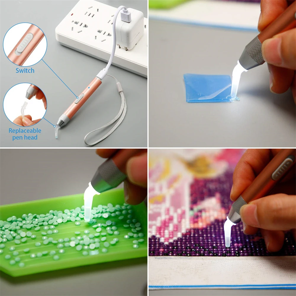 5D DIY Lighted Diamond Painting Pen Tools Set Point Drill Pen with Light Art Kits Replacement Pen Heads USB Cable Arts Crafts
