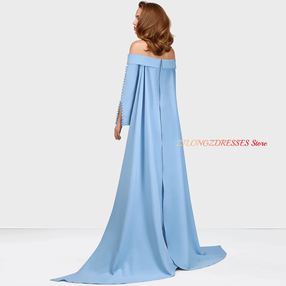 Formal 3D Flowers Customized Evening Dress Soft Blue Jersey Watteau Train Homecoming Dresses Buttons Special Occasion Gowns