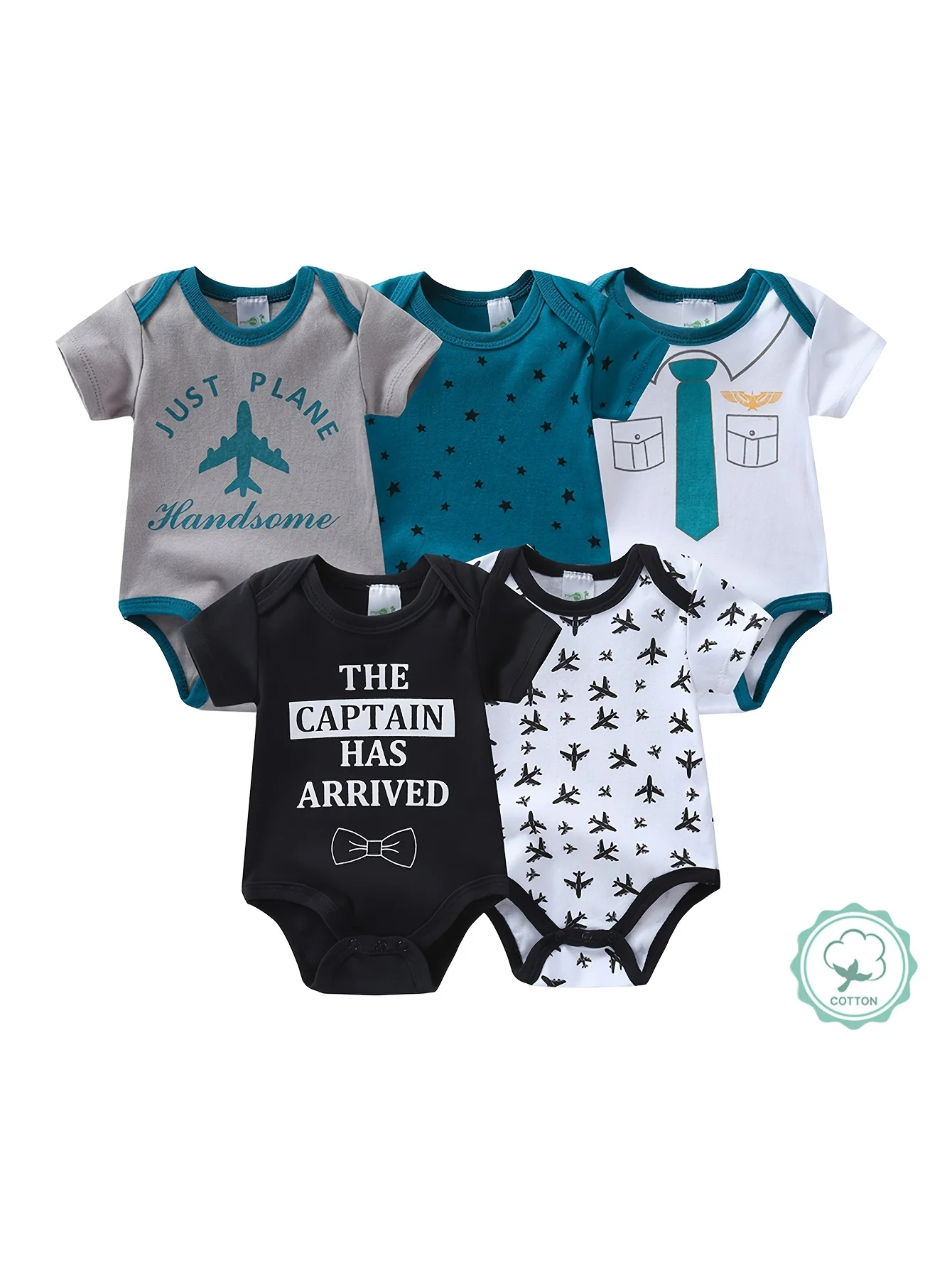 5pcs Baby Boy Short Sleeve Triangle Rompers, Infant Jumpsuits, Newborn Essential Outfits, Soft Breathable Casual Onesies, Bargain Price, Hospital Delivery Baby Supplies, Airplane And Gentleman Bow Tie Design, Baby Items Big Discount, for Outdoor