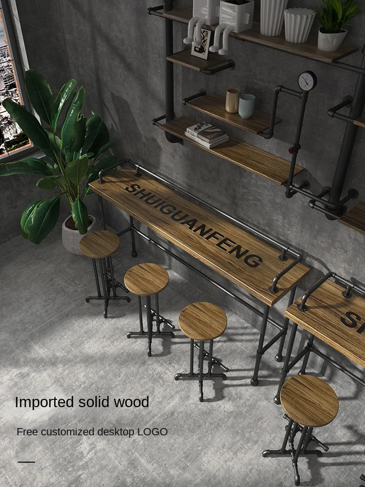 Zc Industrial Style Bar Counter Small Bar Creative Water Pipe Solid Wood Table and Chair Combination