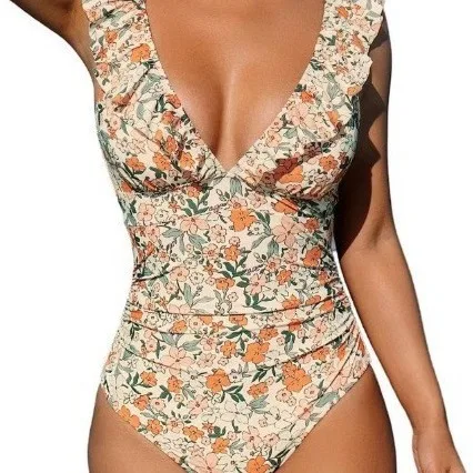 

2026 Women's One-piece Swimsuit V-neck Swimwear Ruffle Edge Lace Up One Piece Colorful Printing Women Swimsuit