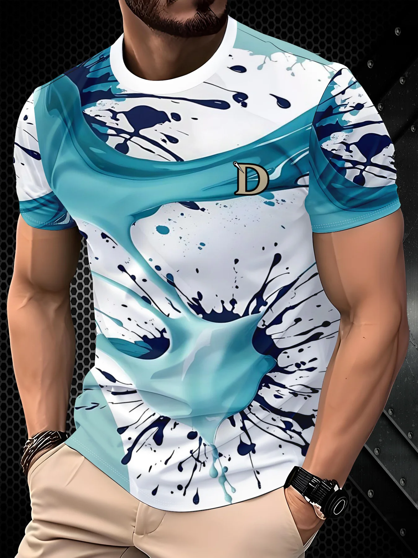 Men Light Cyan Dark Blue Ink Splash Liquid Drip Letter D Logo Print Crew Neck Short Sleeve T-shirt