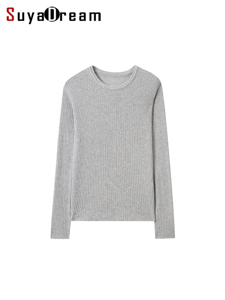 

SuyaDream Women Wool Pullovers, 32.4%Wool, O Neck, Basic Slim Sweater, 2024 Fall Winter Comfortable Top, Grey, Black