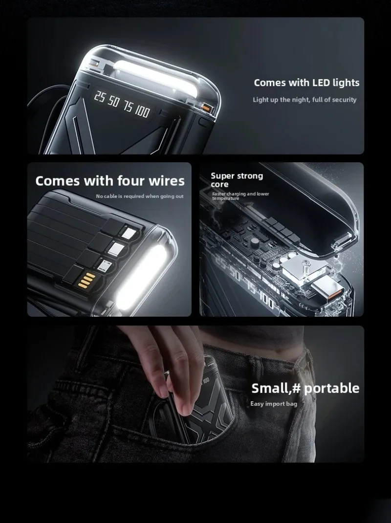 急速充電モバイルバッテリー 10000mAh 内蔵ケーブル付き LEDライト搭載 iPhone/Samsung/Xiaomi対応 ポータブル電源