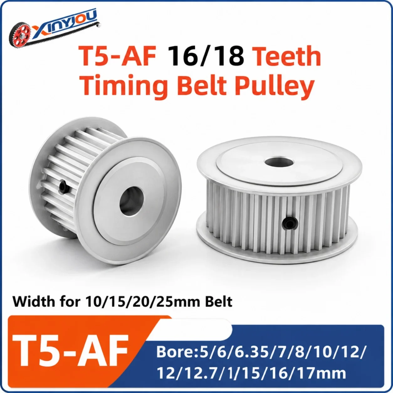 T5 16/18T Timing Pulley AF Synchronous Wheel 11-27mm for 10-25mm Belt Aluminum Bore 8-25mm Keyway Set Screws CNC Router 3D Robot