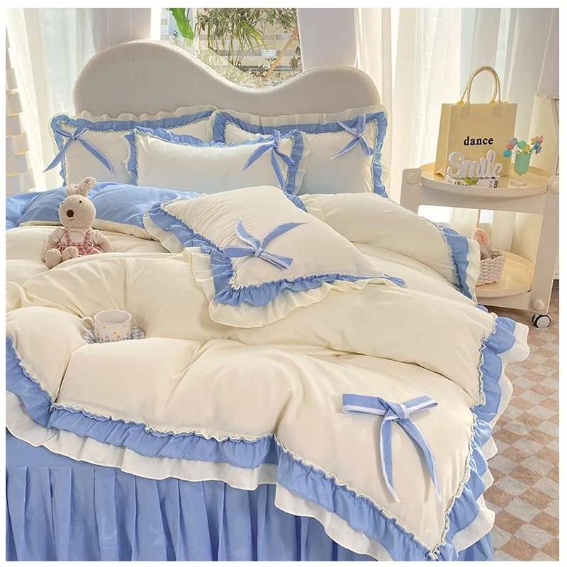 

Korean version princess girl heart bed four piece set of pure cotton double-layer ruffled edge quilt cover bed skirt bed sheet