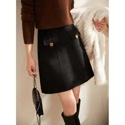 Simplicity Office Lady Autumn Winter new Women Solid Zipper Button Bright Silk Korean Fashion High Waist Short Slim A-line Skirt