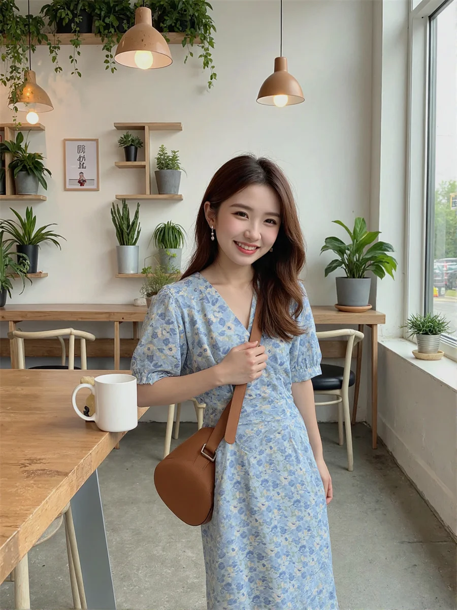 فساتين بأكمام قصيرة منتفخة ثنيات مُزينة بالزهور ملابس نسائية صيفية بوهو عمود ملابس نوم انحراف خط عنق حلو رقبة مستديرة شفافة