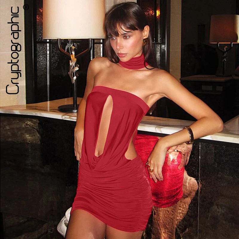 Cryptografische halter rode sexy backless mini-jurk voor dames outfits ruches uitgesneden mouwloze feestjurken bodycon kleding