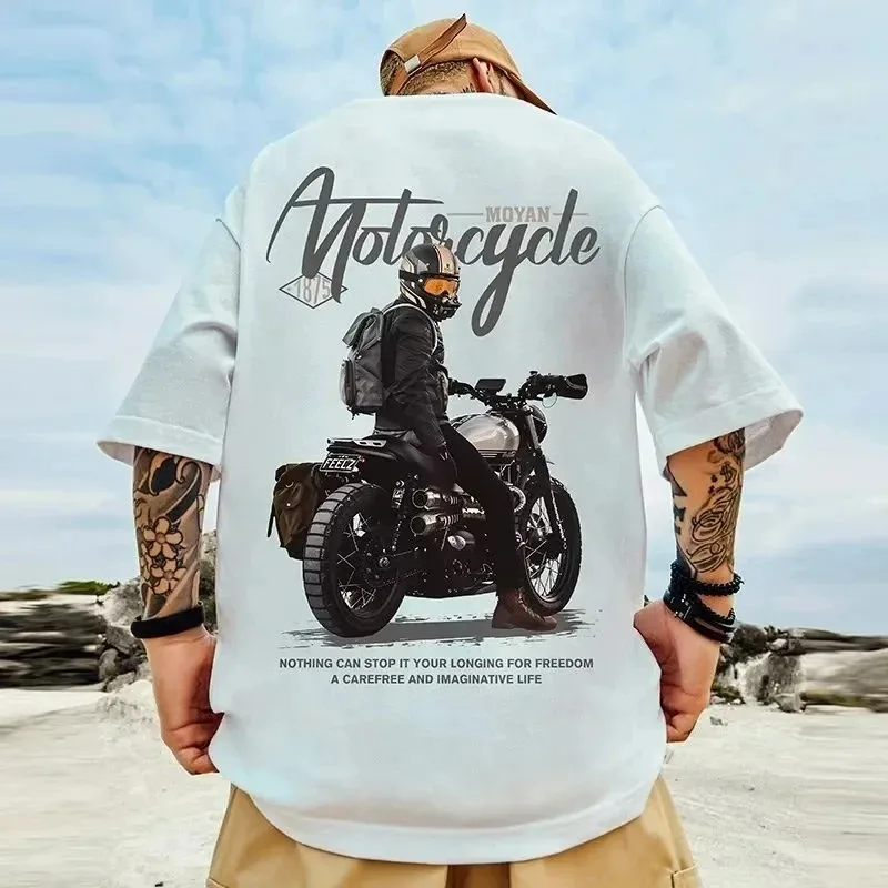 2024 Motorcycle Printed T-Shirt Men\'s Summer Trendy Y2K Cotton Round Neck Short Sleeve T Shirt Men Harajuku Tops Clothing