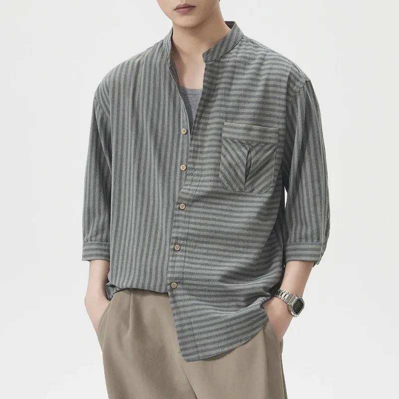 Men's Short Sleeve Loose Casual Vintage Stand Collar Spring Summer Lightweight Stripe Shirt Male Business Commute Shirts Tops