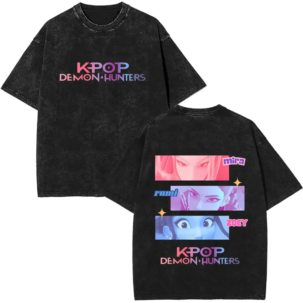 

Movie KPop Demon Hunters Rumi Mira Zoey Washed T-shirt Summer Men Women Fashion Casual Cotton T Shirts Tops Cartoon Fans Gift