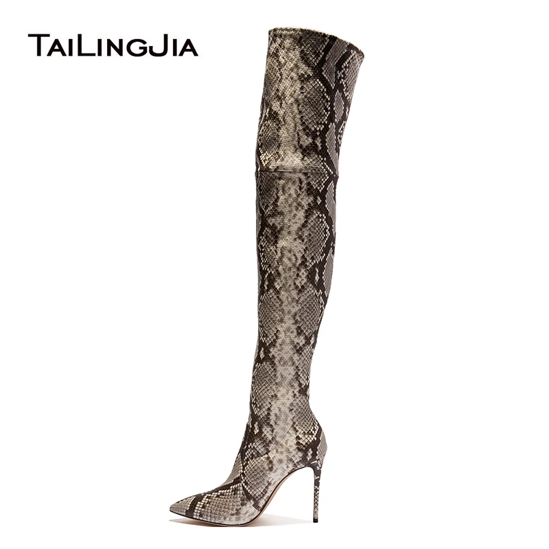 

Snake Print Women Thigh High Boots Stiletto High Heel Pointed Toe Sexy 2024 Winter New Arrival Over the Knee Long Boot Big Size