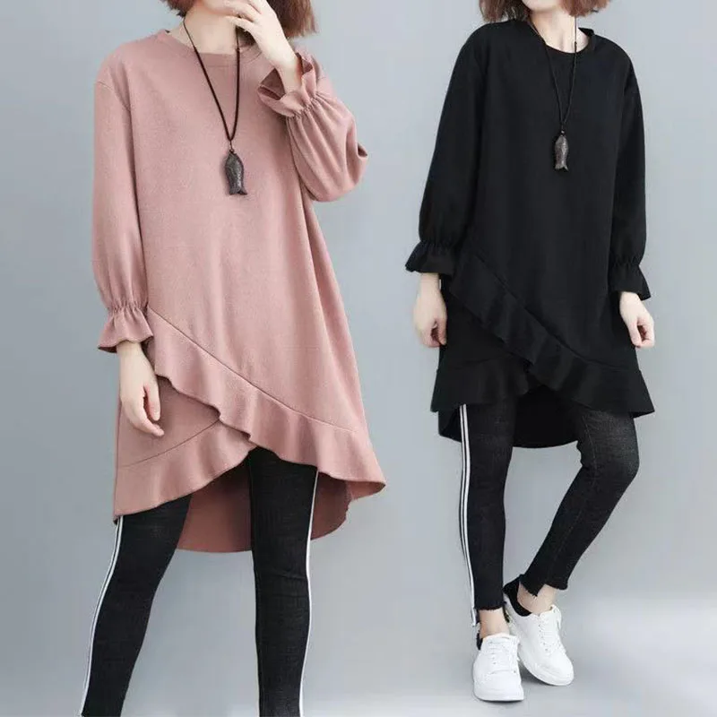 

2022 Spring Autumn Solid Color Round Neck Pullover Women Irregular Ruffles Design Loose Medium Long Term Casual Korean Dress