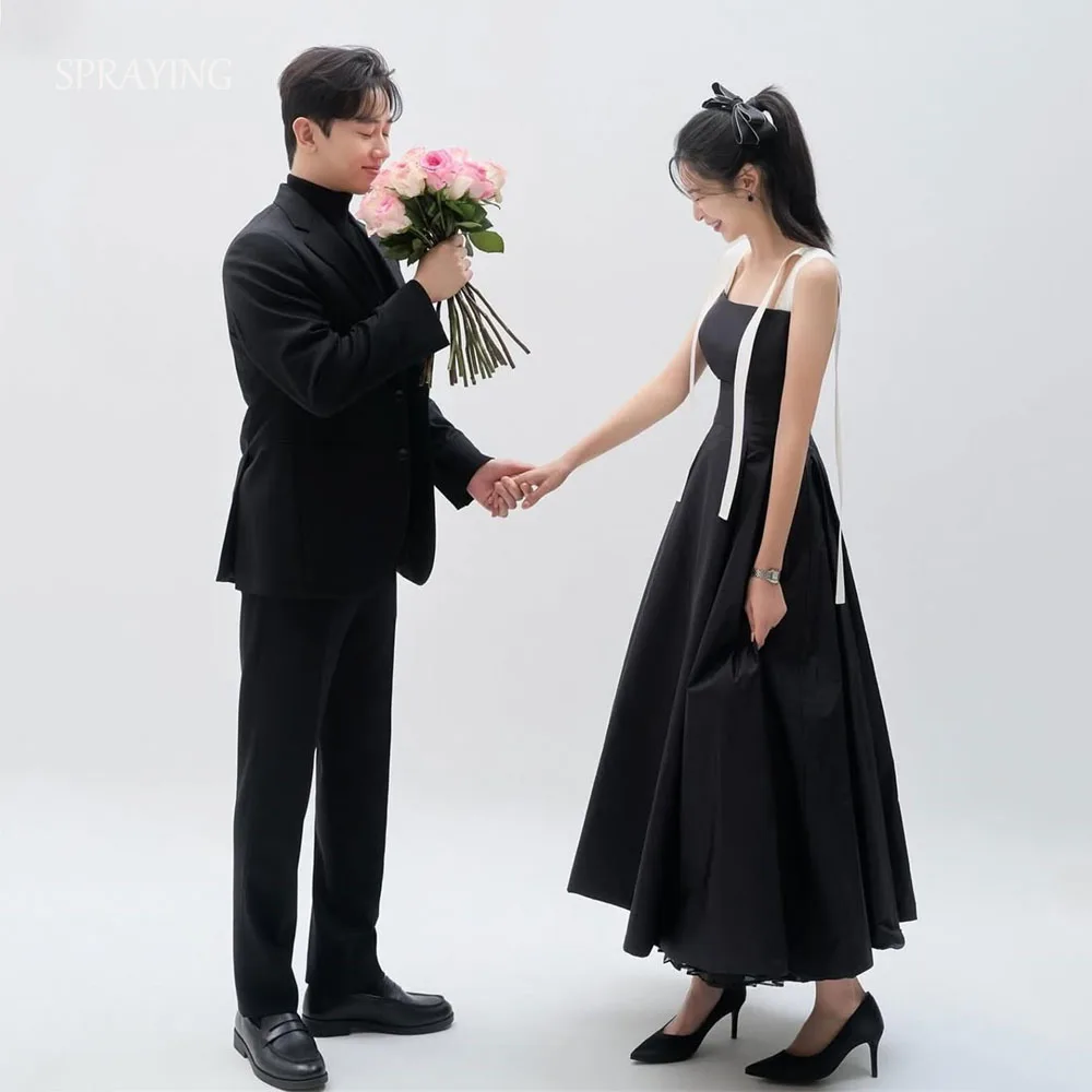 SPRAYING Elegant Taffeta Black Evening Dresses Korea Wedding Photo Shoot O Neck Strap A line Long Party Dress Corset Customized