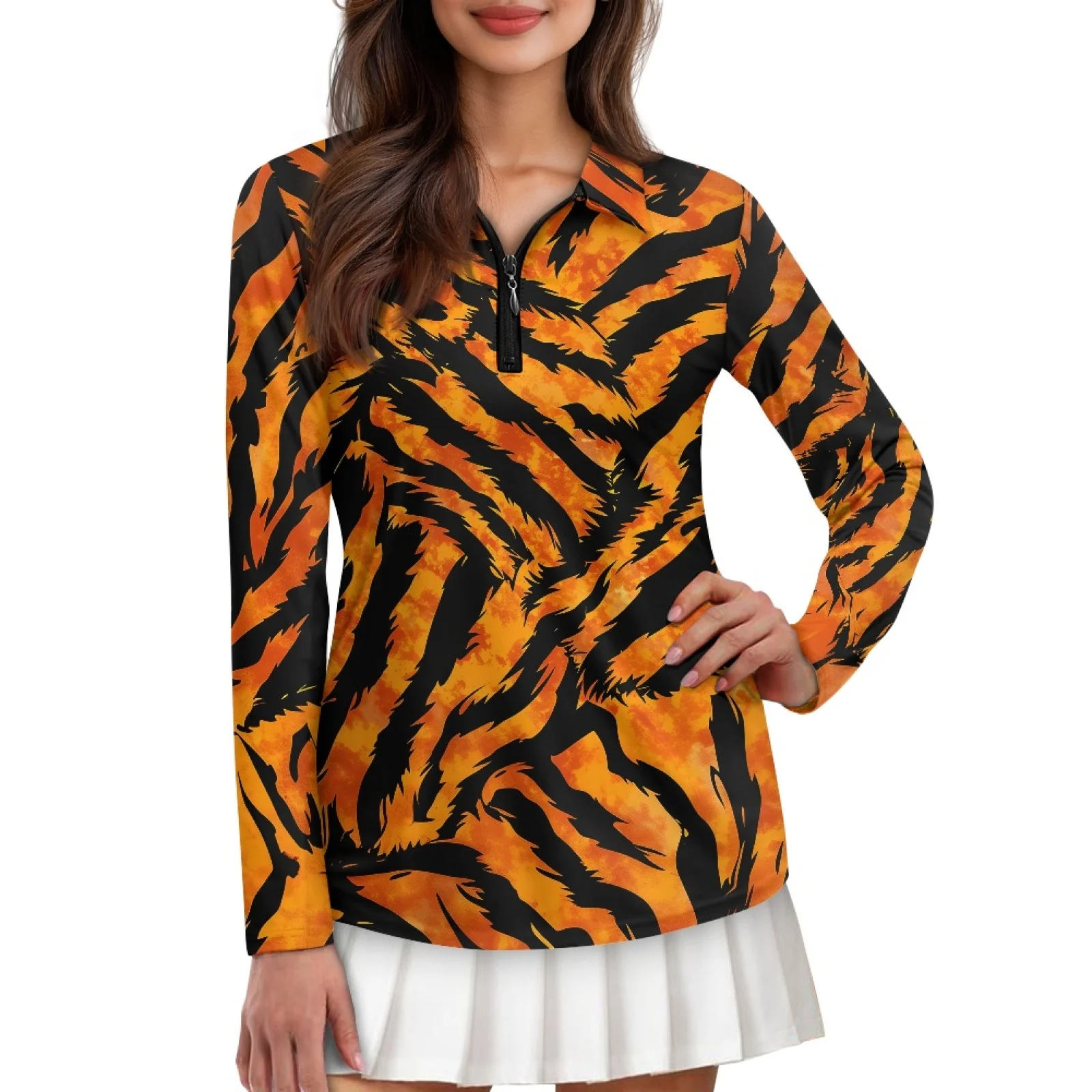 PENSTROLL Tiger Stripe Womens Golf Shirts Pullover for Women Quick Dry Running Polos Shirts for Tennis Court