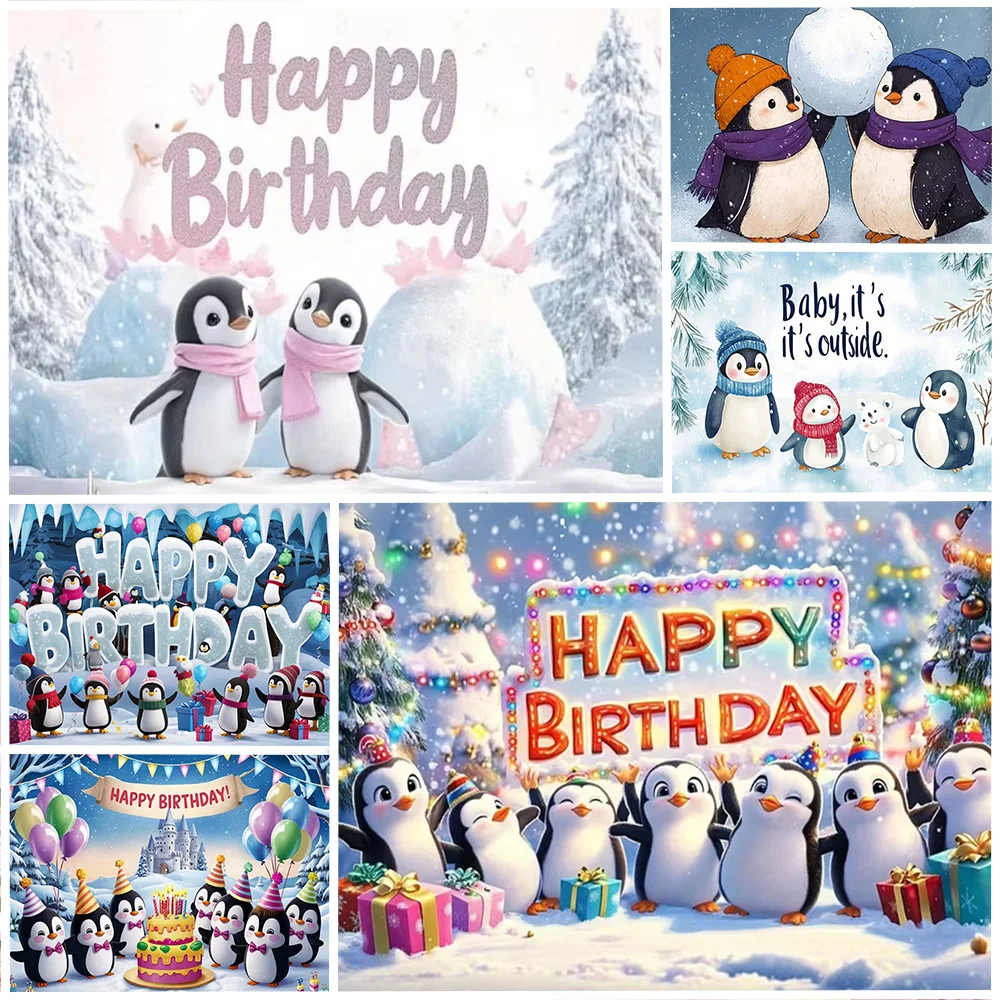 

Cute Arctic Cartoon Penguin Theme Birthday Party Decoration Background Winter Polar Animal Backdrop Kids Gift Photography Props