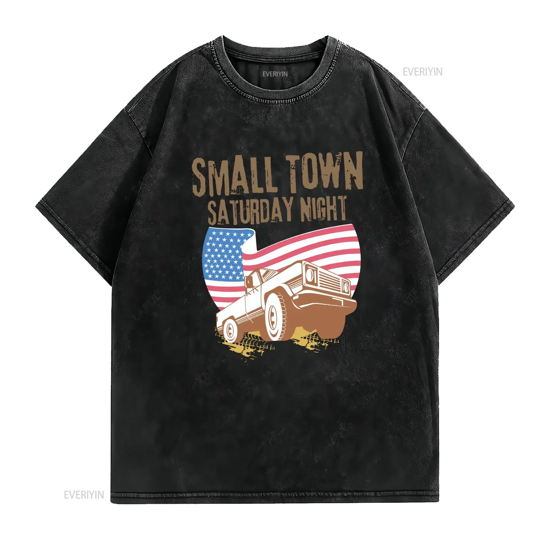 Vintage Retro Patriotic Small Town Saturday Night American Flag Pickup Truck Print Casual T Shirt vintage Washed Slightly