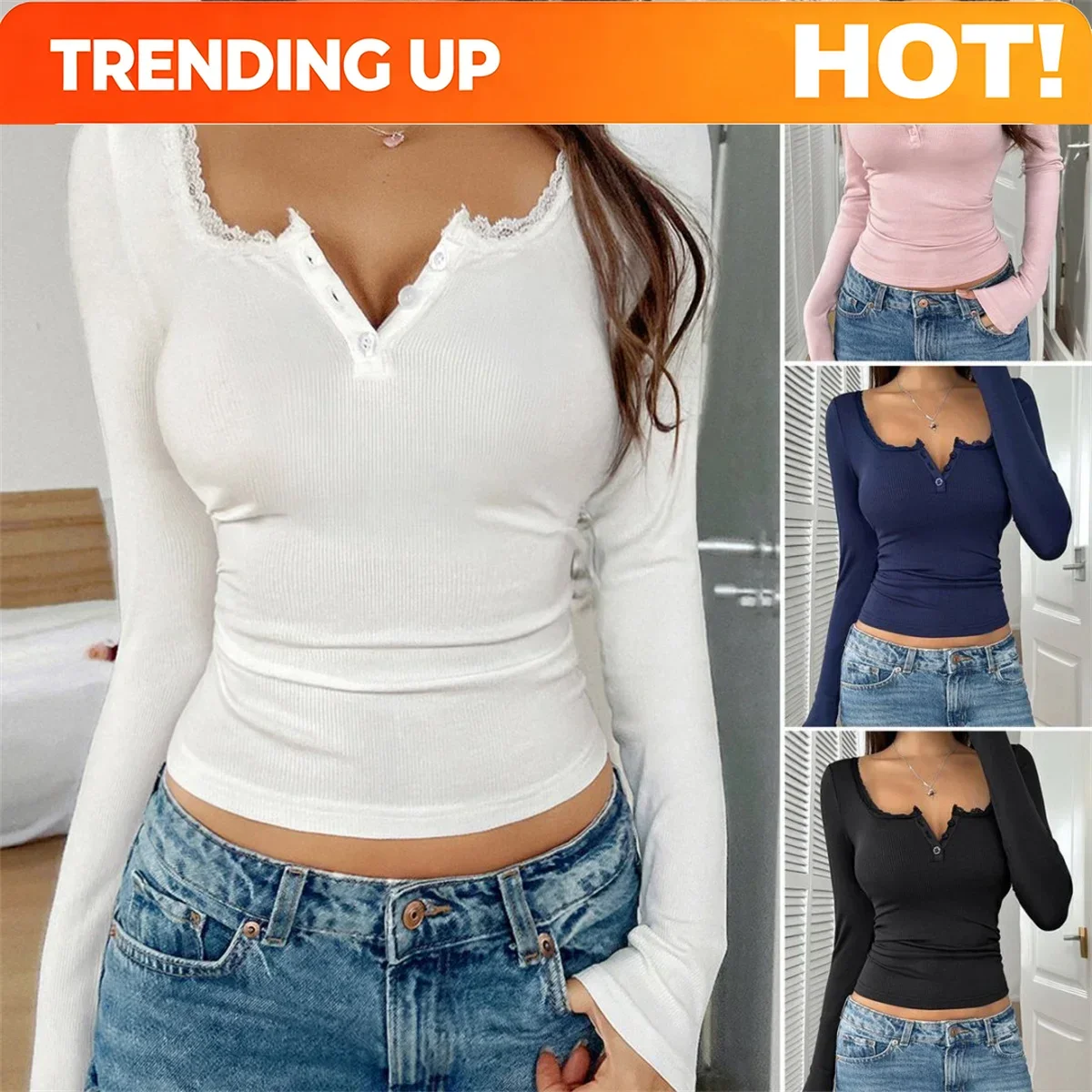 Customization Women Y2K Lace Button Tops Autumn Spring Long Sleeve Solid Fashion T-shirts Slim Sexy Basic Pullover Shirt Casual