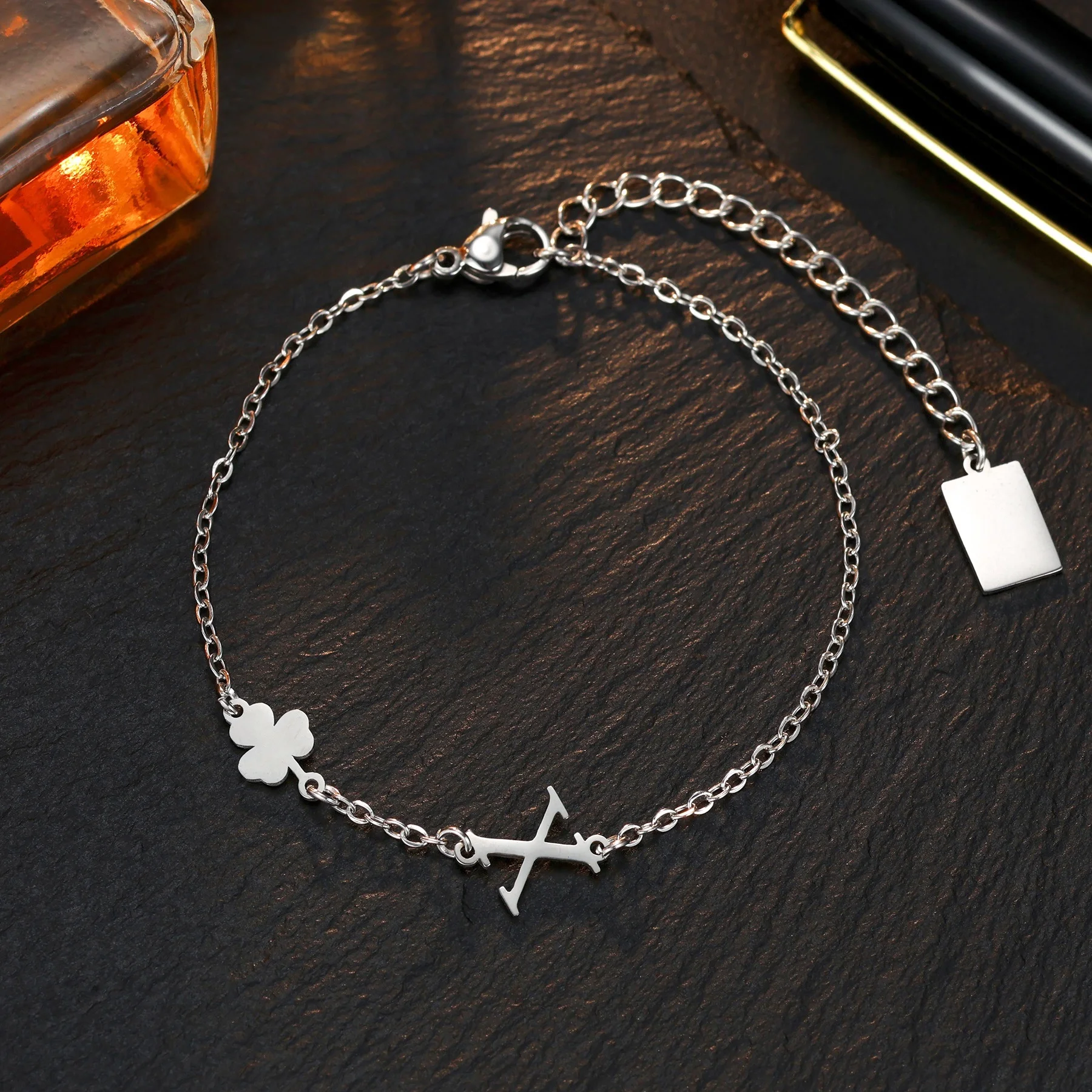 Three Leaves Clover Bracelets for Women Custom Name Silver Color A-Z Initial Stainless Steel Never Fade Couple Bracelet Jewelry