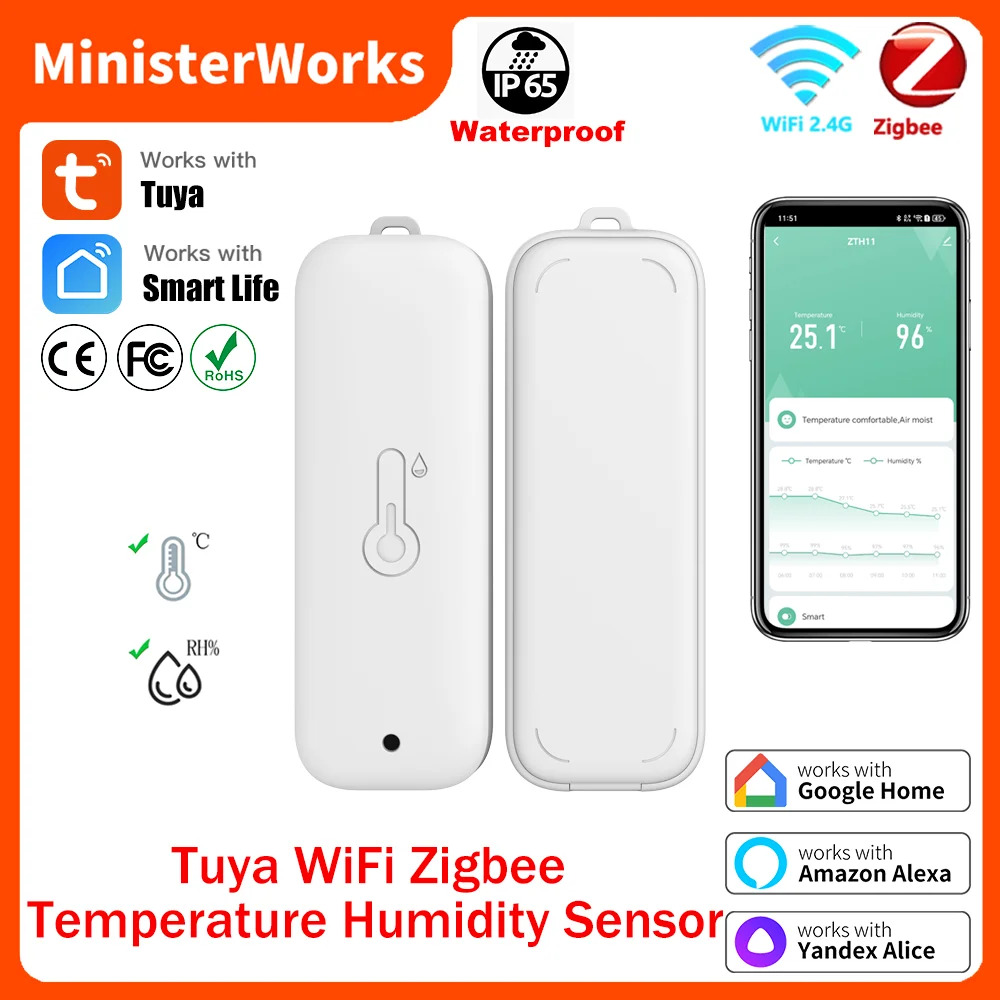 

Tuya Zigbee or WiFi IP65 Temperature Humidity Sensor Waterproof Thermometer Real-time Monitoring Home Work with Alexa