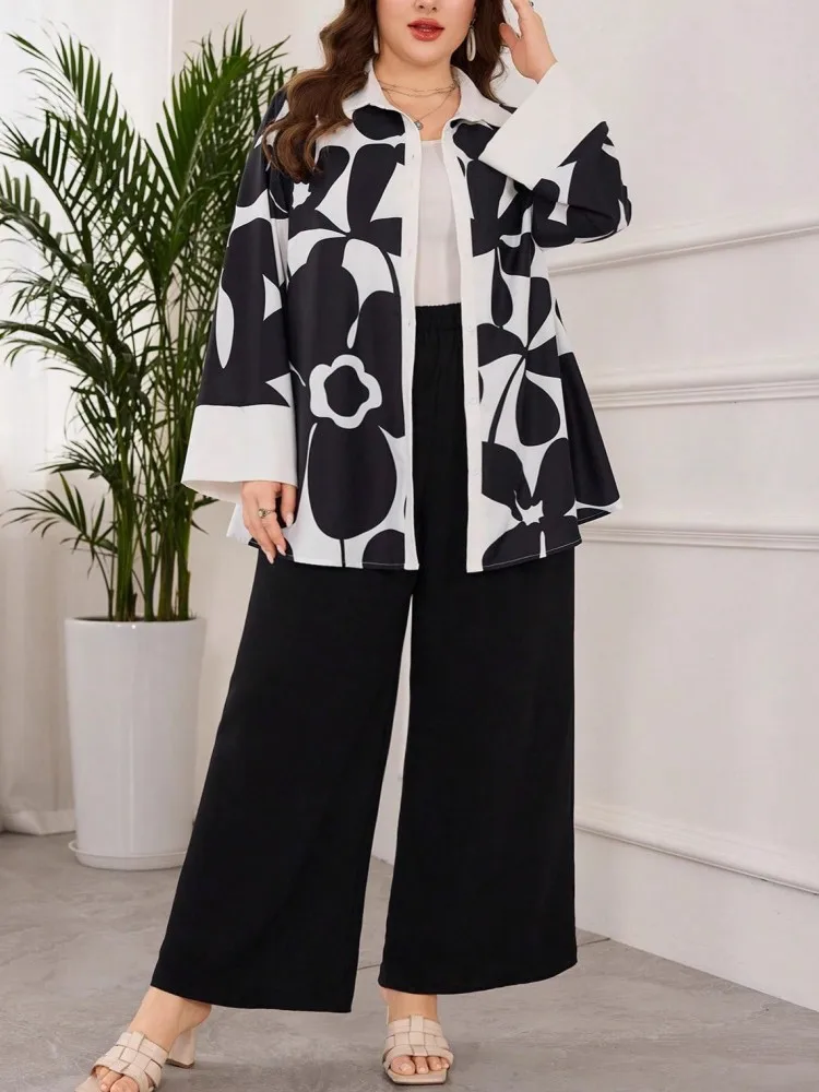 

Женские комплекты из 2 предметов, новинка 2026 года, большие размеры, весна-осень, одинаковые комплекты из двух предметов с цветочным принтом, топ и брюки, костюмы, одежда